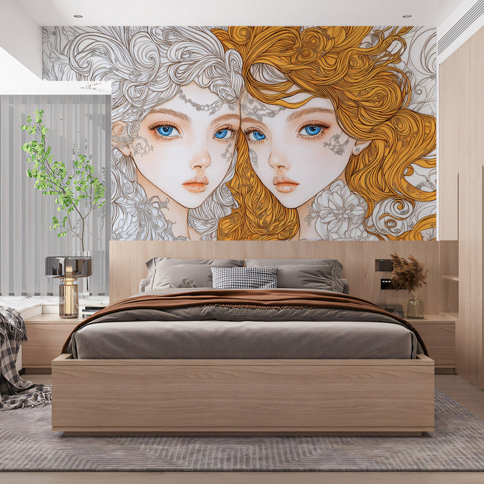 Gemini - Monochrome and Color Mural Wallpaper | Black, White, and Vibrant Orange