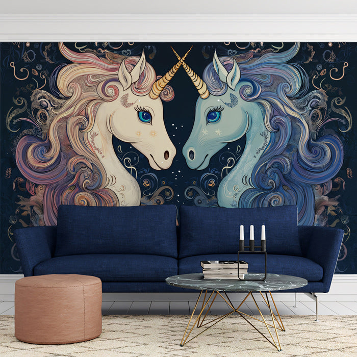 Unicorn - Themed Gemini Mural Wallpaper | Soft Blues, Pinks, and Celestial Touches