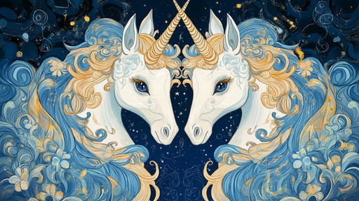 Mirror - Image Themed Gemini Unicorn Mural Wallpaper | Blue - Gold, Celestial Backdrop