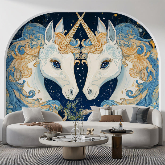 Mirror - Image Themed Gemini Unicorn Mural Wallpaper | Blue - Gold, Celestial Backdrop