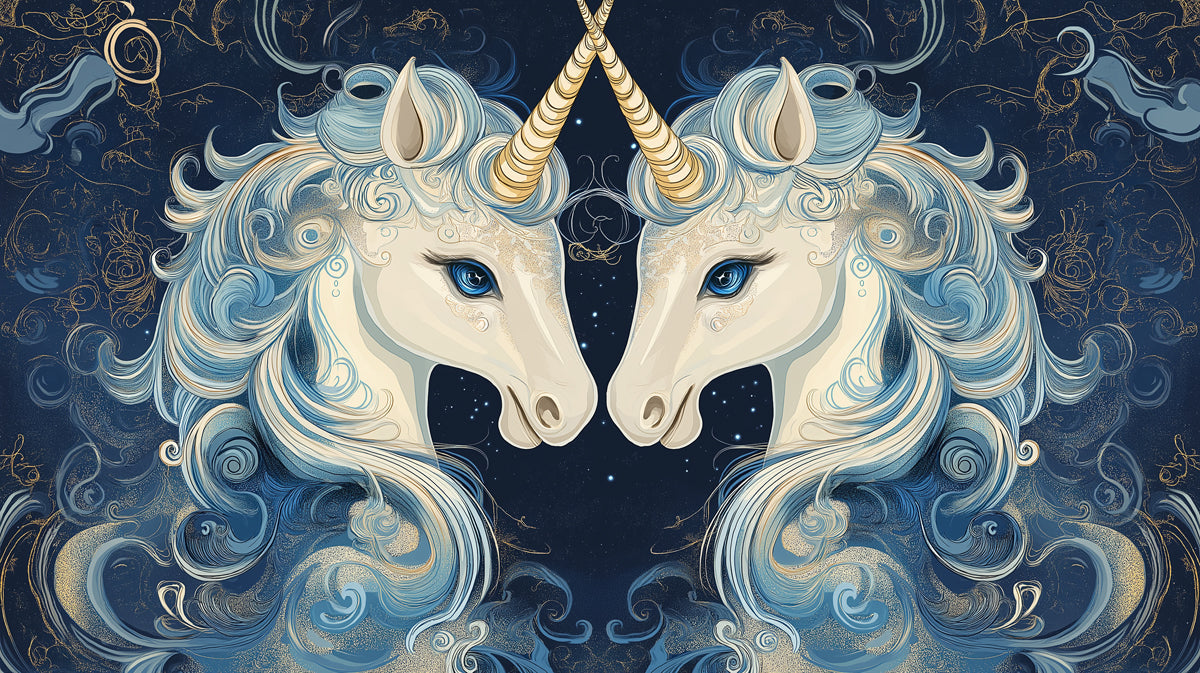 Mirror - Image Themed Gemini Unicorn Mural Wallpaper | Blue - Gold, Celestial Backdrop