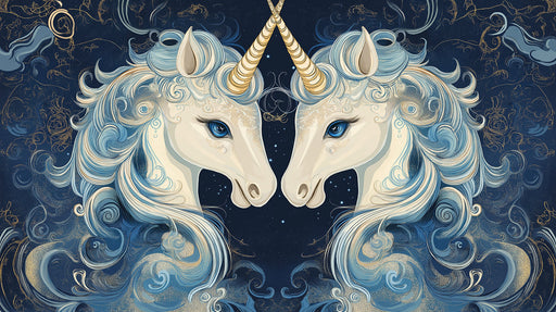 Mirror - Image Themed Gemini Unicorn Mural Wallpaper | Blue - Gold, Celestial Backdrop