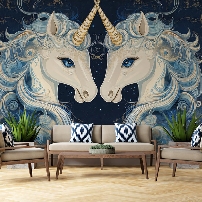 Mirror - Image Themed Gemini Unicorn Mural Wallpaper | Blue - Gold, Celestial Backdrop