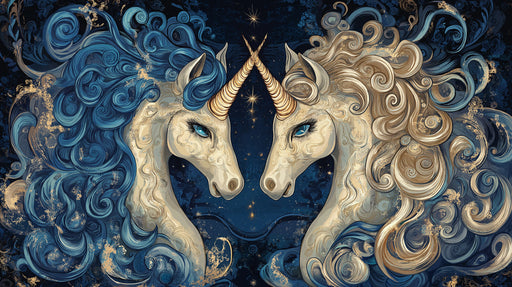 Mirror - Image Themed Gemini Unicorn Mural Wallpaper | Blue - Gold, Celestial Backdrop
