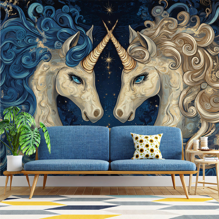 Mirror - Image Themed Gemini Unicorn Mural Wallpaper | Blue - Gold, Celestial Backdrop