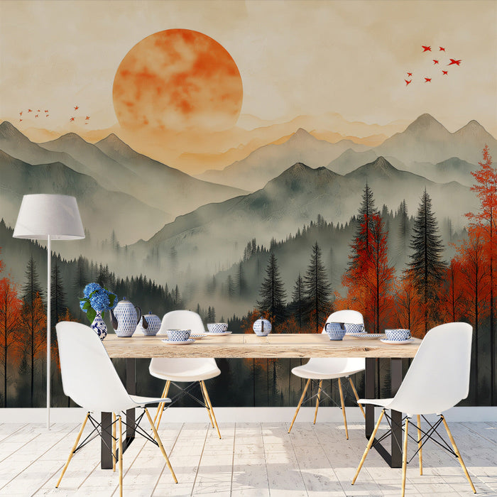 Serene Mountain - Sunset Fusion Mural Wallpaper