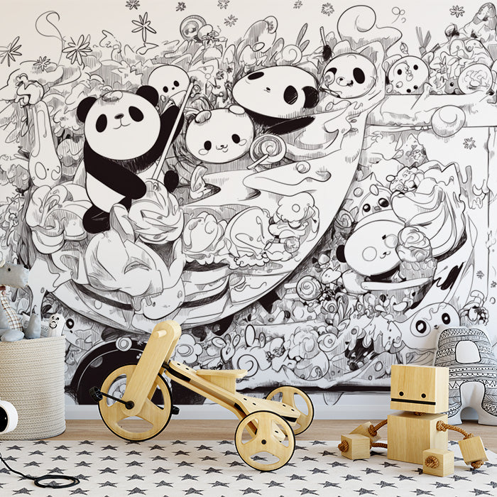 Carta da parati murale per camioncino di gelato Panda bianco e nero | Panda nero, bianco e grigio