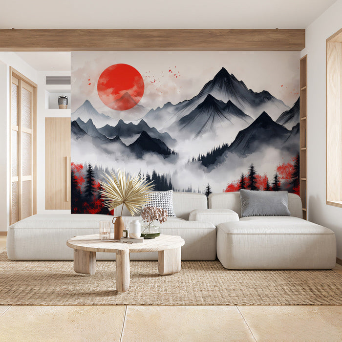 Red - Sun and Pine Forest Mural Wallpaper