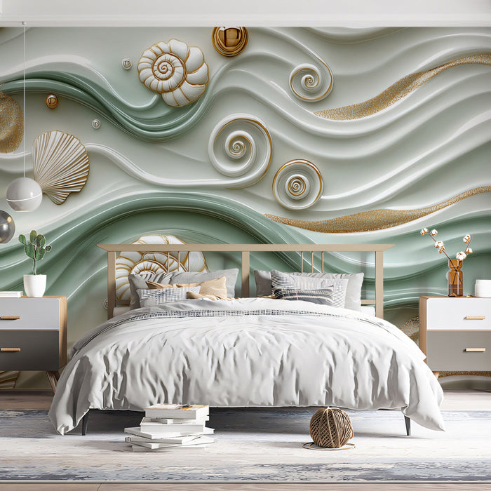 Oceanic Wave and Shell Symphony Mural Wallpaper