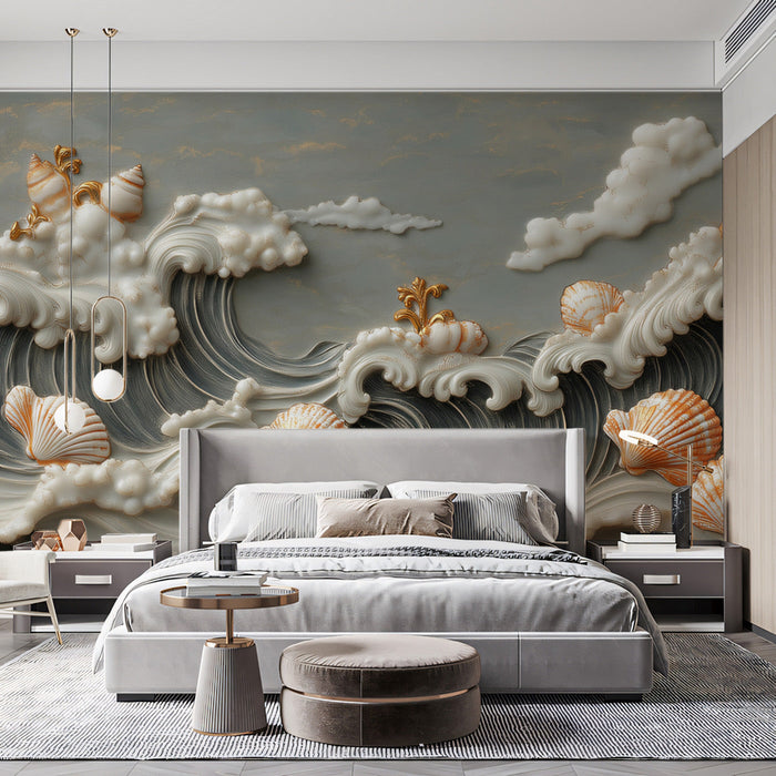 Ocean Wave and Shell Elegance Mural Wallpaper