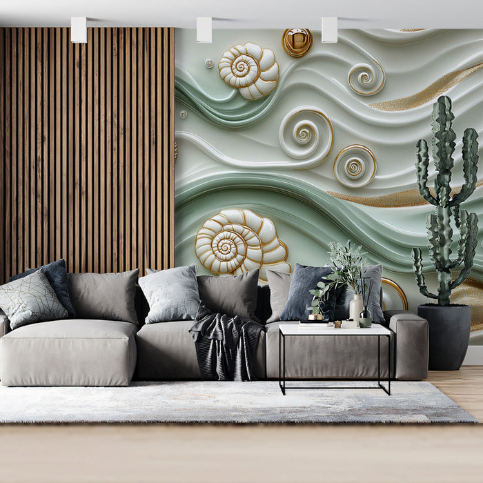 Coastal Wave and Shell Textures Mural Wallpaper
