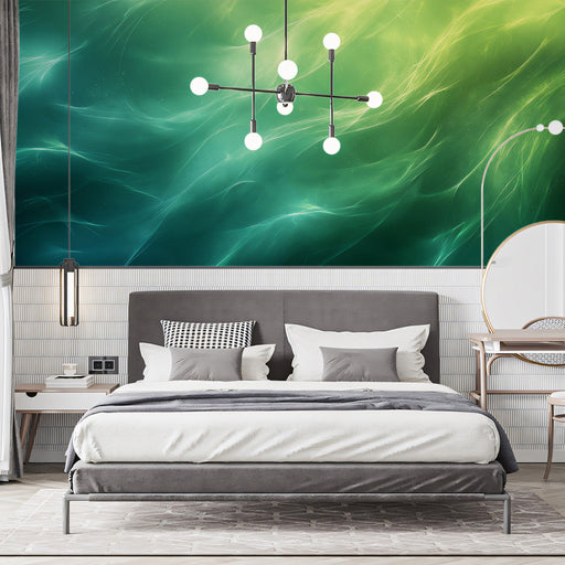 Green Abstract Mural Wallpaper | Green, White, Black, and Grey with Flowing Elements