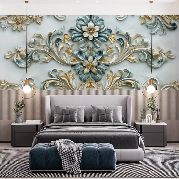Blue and Gold Floral Mural Wallpaper | Light Blue, Gold and Gray with Bedroom Set