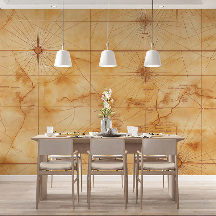 Nautical Map Mural Wallpaper | Tan and Brown in Dining Area