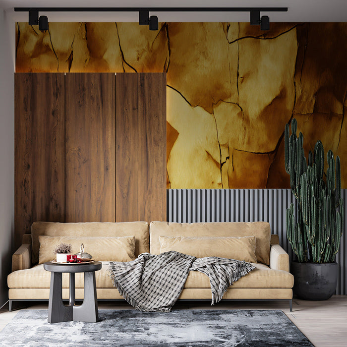 Cracked Texture Mural Wallpaper | Golden Brown in Living Room