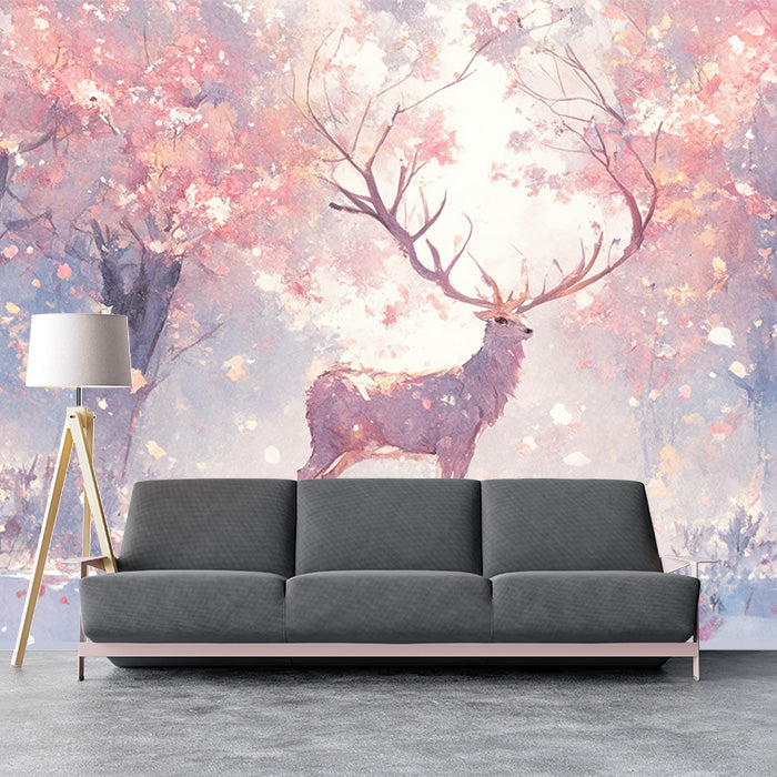Papel tapiz mural de ciervos rosas y púrpura en el bosque | Ciervos rosas, púrpura, blancos y marrones claros