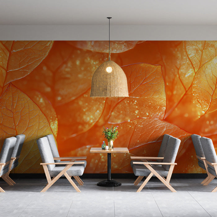 Orange Leaf Mural Wallpaper | Orange and Gold in Seating Area