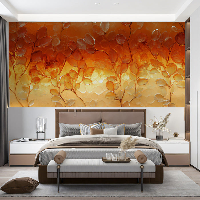 Autumn Leaves Mural Wallpaper | Orange and Gold in Bedroom