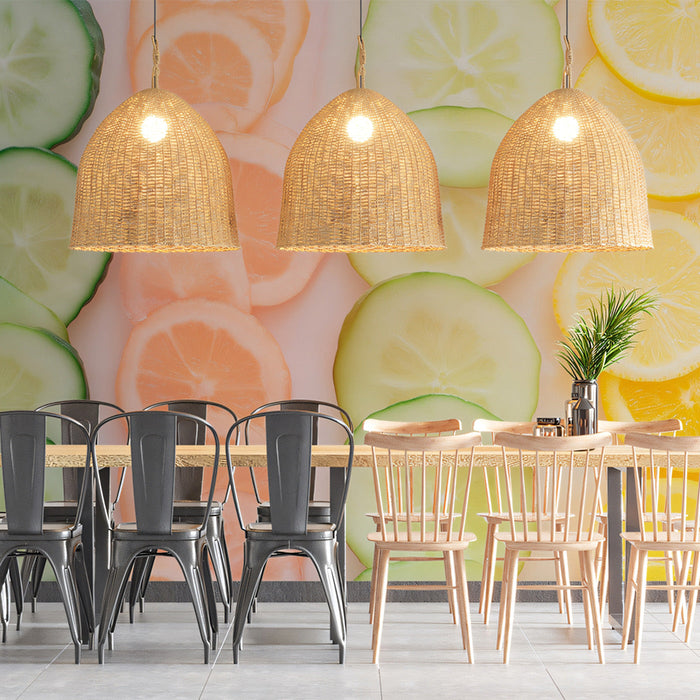 Citrus Slices Mural Wallpaper | Green, Orange, and Yellow in Dining Area
