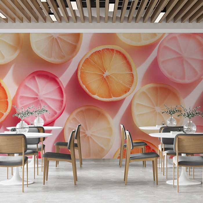 Citrus Medley Mural Wallpaper | Pink, Orange, and Yellow in Dining Area