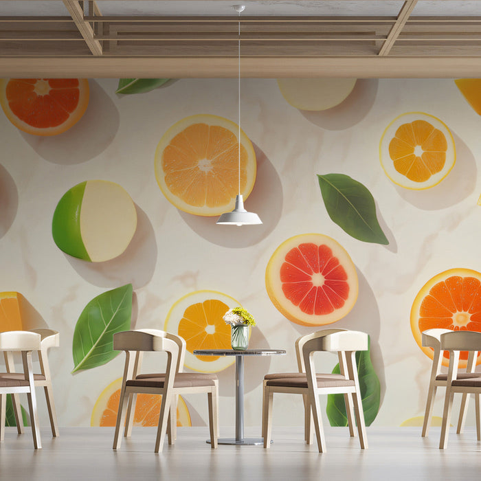 Citrus and Leaves Mural Wallpaper | Orange, Green, and Beige in Seating Area