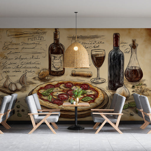 Italian Cuisine Mural Wallpaper | Earthy Tones in Seating Area