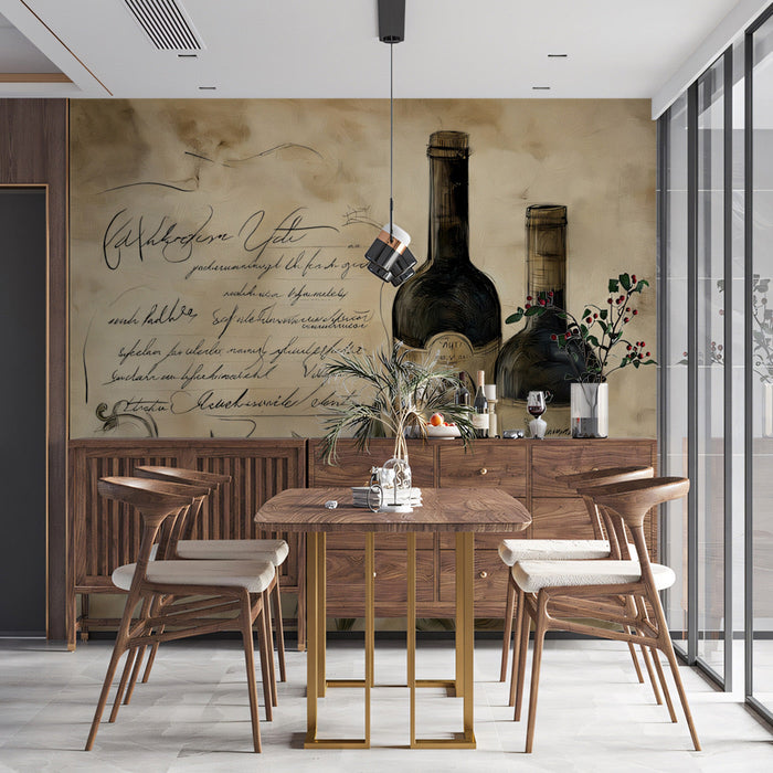 Wine and Script Mural Wallpaper | Beige and Brown in Dining Area