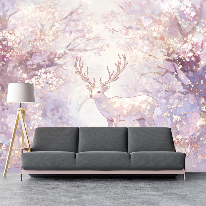Papier peint mural Cerf rose et violet dans la forêt | Cerf rose, violet, blanc et marron clair -1