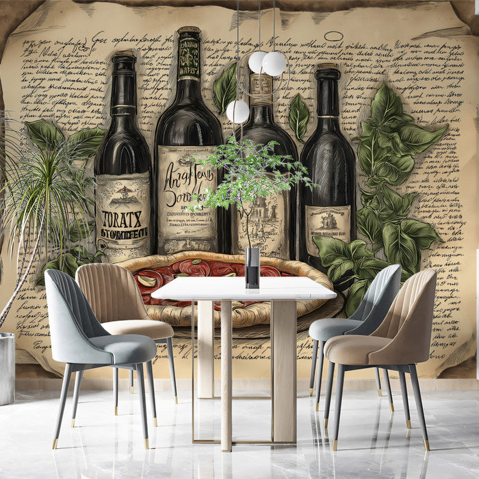 Wine and Pizza Mural Wallpaper | Earthy and Green Tones in Dining Area