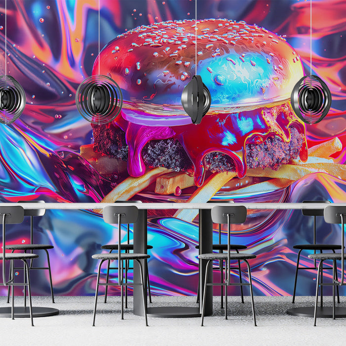 Neon Burger Mural Wallpaper | Vivid and Bold Tones in Dining Area