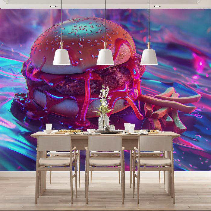 Neon Burger Mural Wallpaper | Vivid and Bold Tones in Dining Area