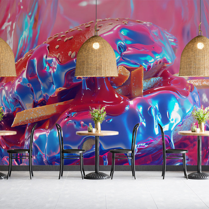 Neon Burger Mural Wallpaper | Vivid and Bold Tones in Dining Area