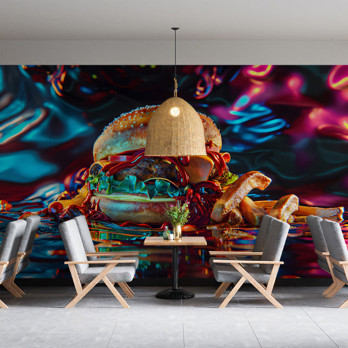 Neon Burger Mural Wallpaper | Vivid and Bold Tones in Dining Area
