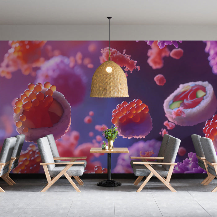 Sushi and Caviar Mural Wallpaper | Rich and Deep Tones in Seating Area