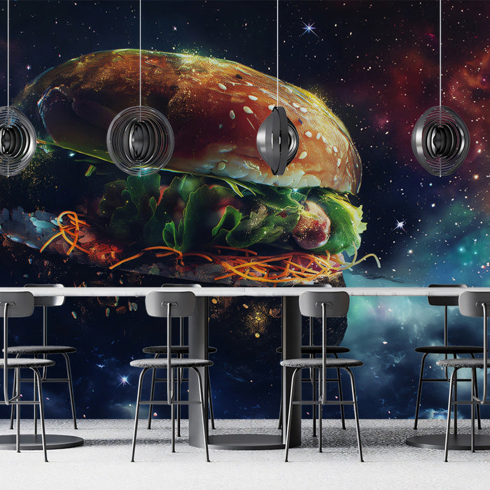 Space Burger Mural Wallpaper | Cosmic and Earthy Tones in Dining Area