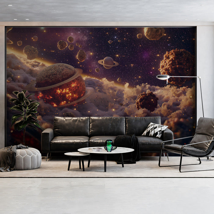 Cosmic Planets Mural Wallpaper | Dark and Iridescent Tones in Living Room