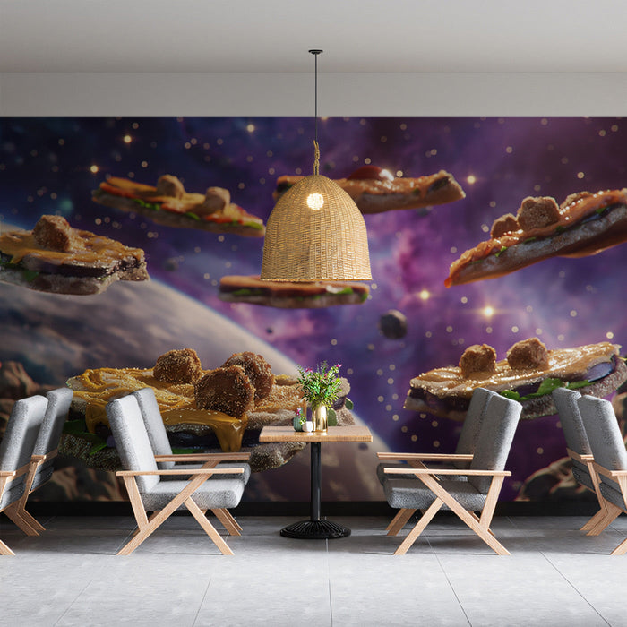 Space Sandwiches Mural Wallpaper | Cosmic and Earthy Tones in Seating Area