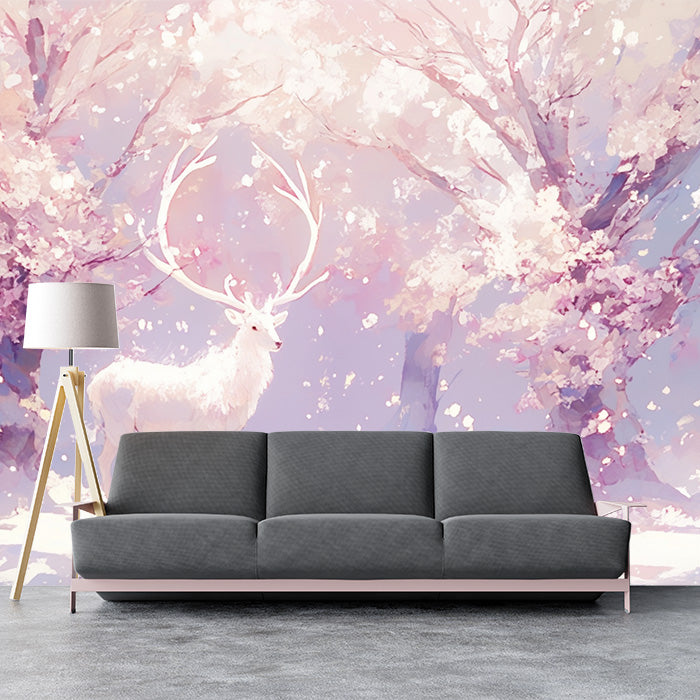 Papier peint mural Cerf rose et violet dans la forêt | Cerf rose, violet, blanc et marron clair -2