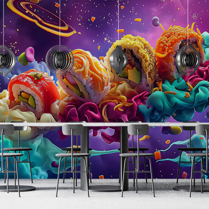 Sushi Galaxy Mural Wallpaper | Vivid and Bold Tones in Dining Area