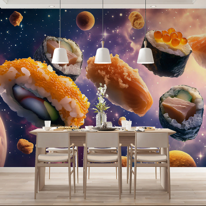 Cosmic Sushi Mural Wallpaper | Rich and Galactic Tones in Dining Area