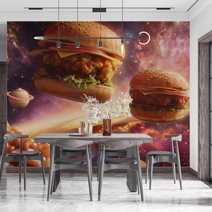 Galactic Burgers Mural Wallpaper | Cosmic and Earthy Tones in Dining Area