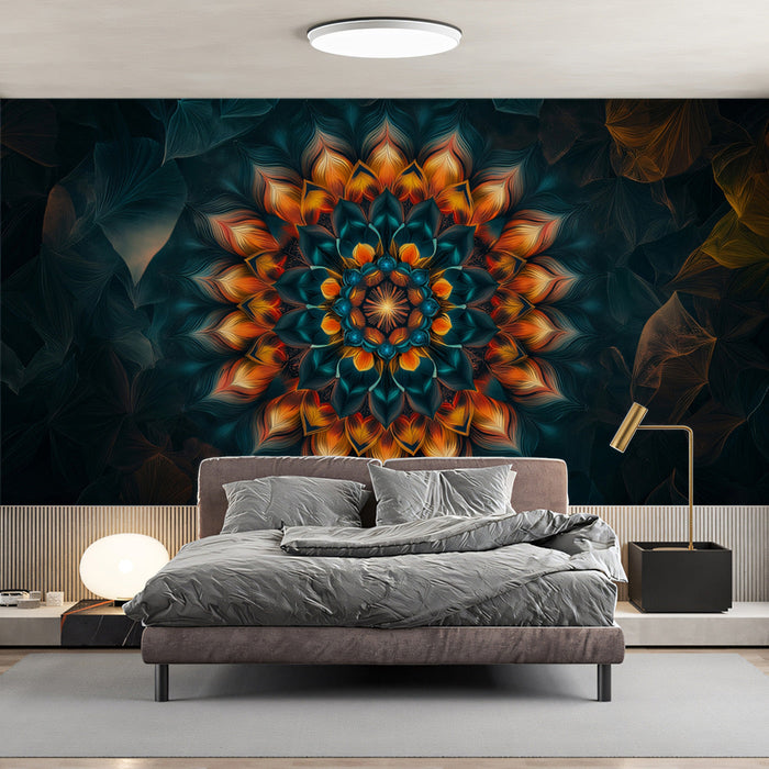 Mandala Floral Mural Wallpaper | Dark and Radiant Tones in Bedroom