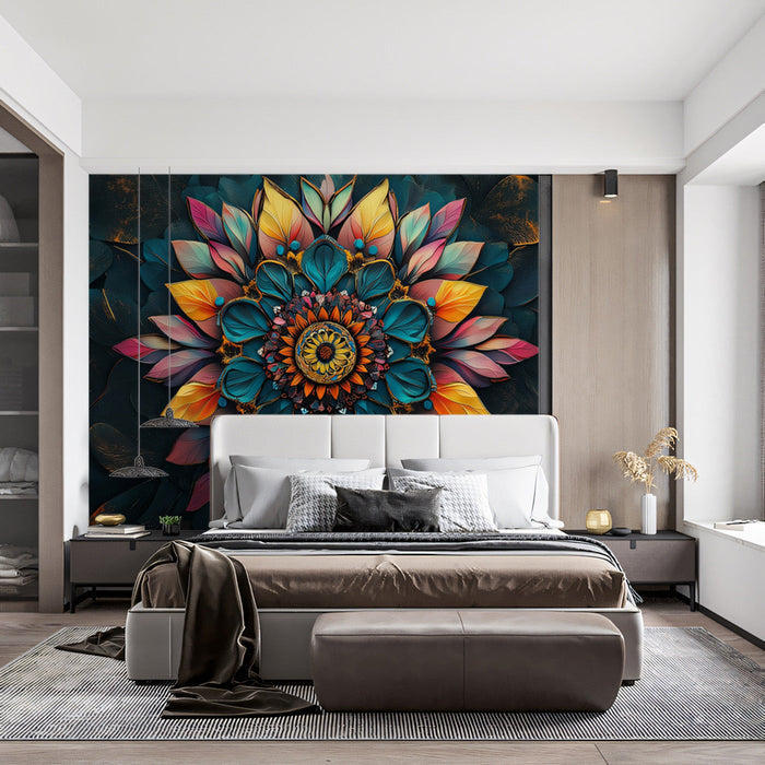 Mandala Floral Mural Wallpaper | Dark and Radiant Tones in Bedroom