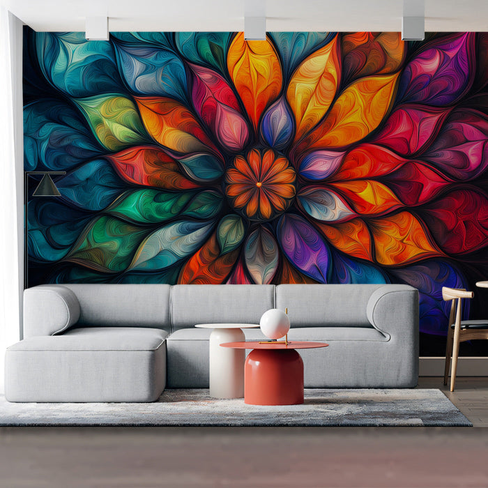 Mandala Floral Mural Wallpaper | Dark and Radiant Tones in Bedroom