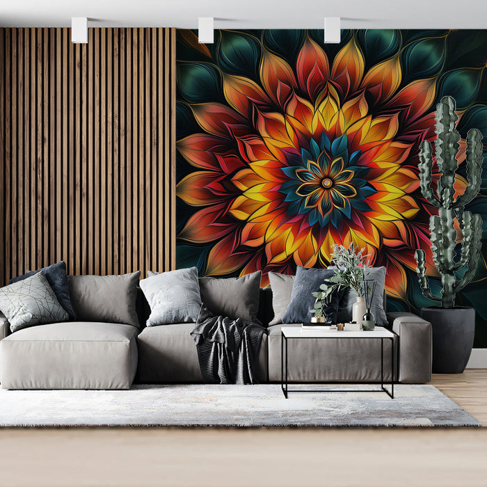 Mandala Floral Mural Wallpaper | Dark and Radiant Tones in Bedroom