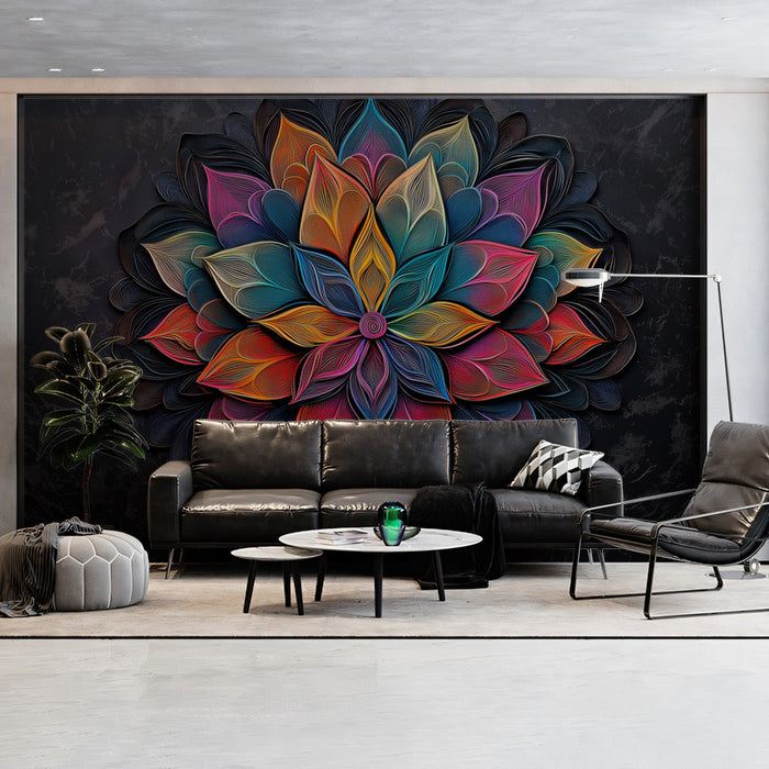 Colorful Mandala Mural Wallpaper | Vivid and Dark Tones in Living Room