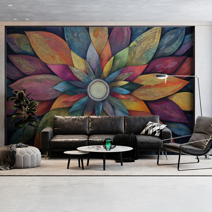 Colorful Mandala Mural Wallpaper | Vivid and Dark Tones in Living Room