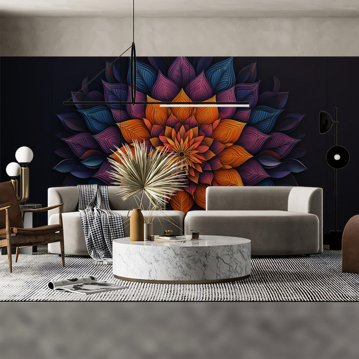 Colorful Mandala Floral Mural Wallpaper | Vivid Hues on Dark Background in Living Room