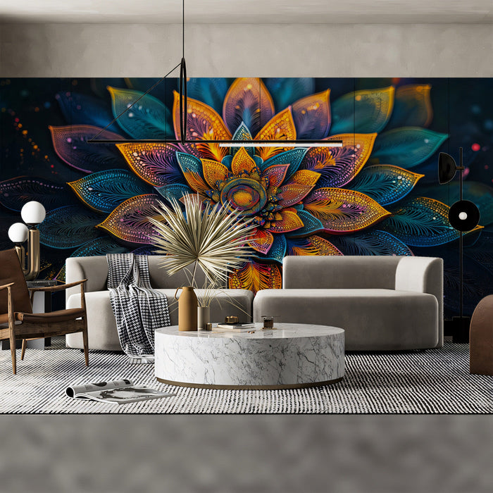 Cosmic Mandala Floral Mural Wallpaper | Iridescent Tones on Dark Cosmic Background in Living Room