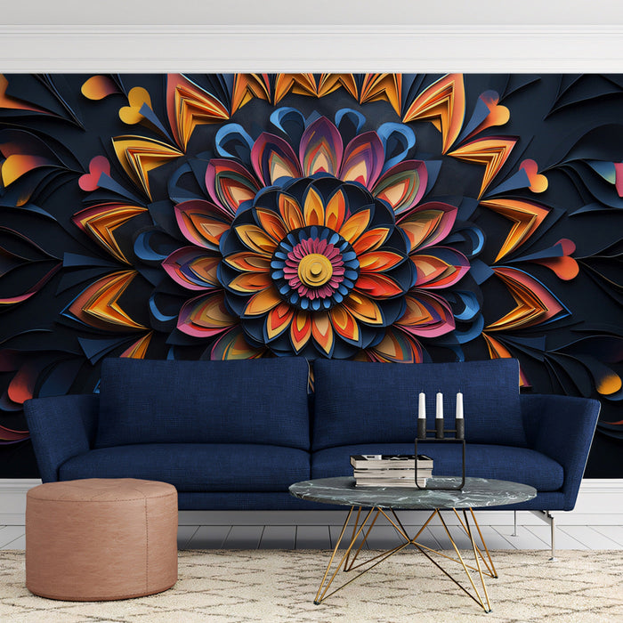 3D Geometric Mandala Mural Wallpaper | Bold Colors on Black Background in Living Room